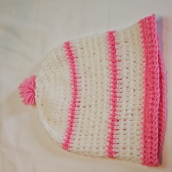 Hand Crafted Knitted beanie Handmade hat white & pink Stripes hand knit pom pom - Picture 14 of 17